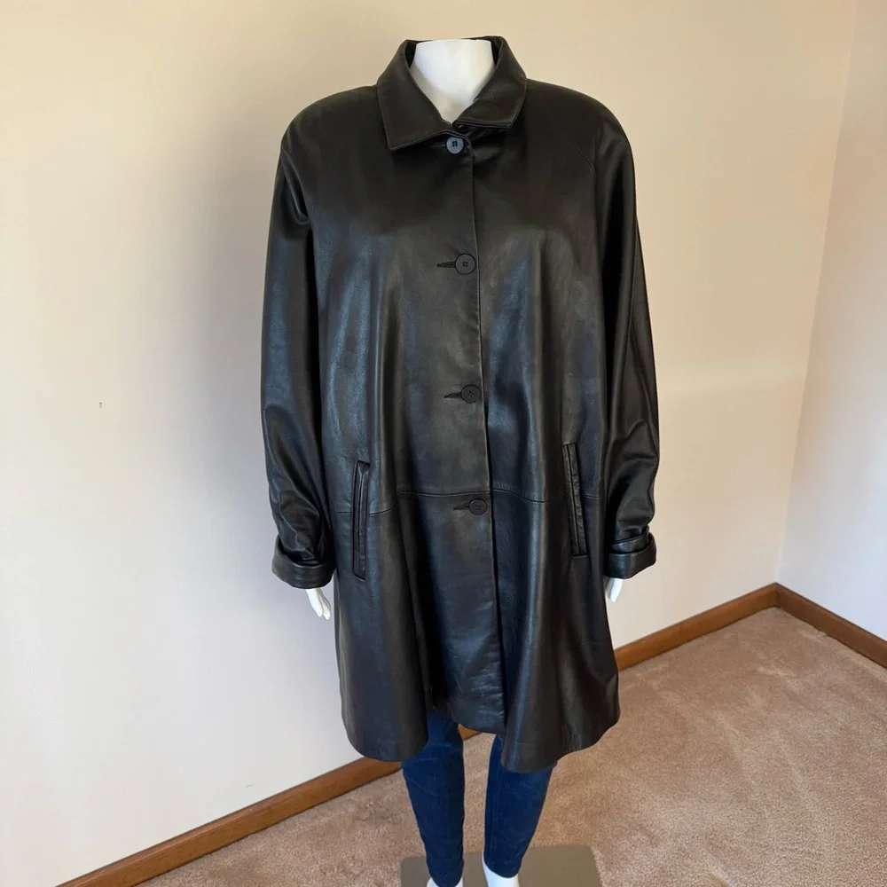 80s Vintage REMY LEATHER Black Trench Duster Futuristic Goth Coat XL